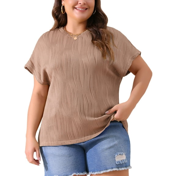 Agnes Orinda Women's Plus Size Tops Textured Crew Neck Short Sleeve Knit Solid Casual Blouses 4X Brown
