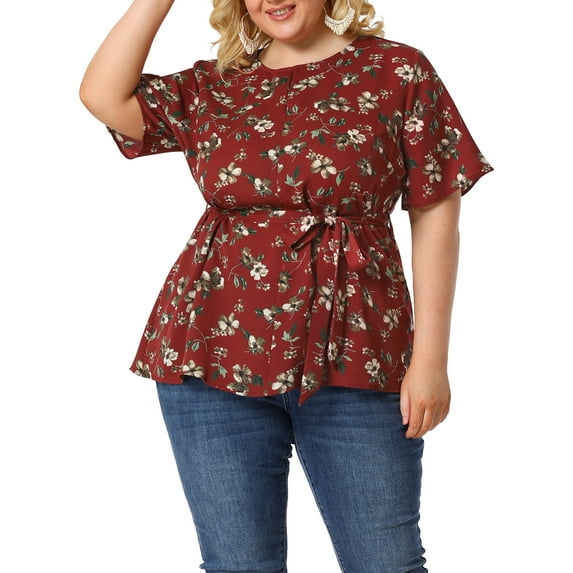 Agnes Orinda Women's Plus Size Short Sleeve Tie Waist Chiffon Ditsy Floral Blouse 3X Burgundy