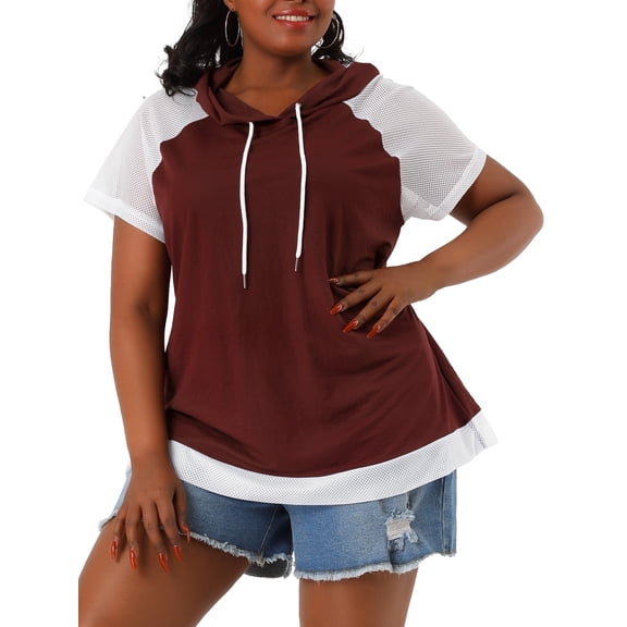Agnes Orinda Women's Plus Size Short Sleeves Color Block Sport Activewear Drawstring Hoodie Top 3X Burgundy