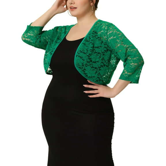 Agnes Orinda Women's Plus Size Shrug Cardigan Floral Lace Hollow Out 3/4 Sleeves Open Front Elegant Crop Jacket 4X Green