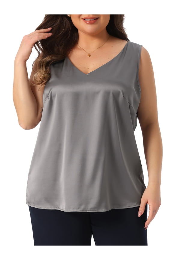 Women's Plus Size Silk Satin Tank Tops V Neck Casual Cami Sleeveless Blouses Summer Basic Camisole 3X Grey