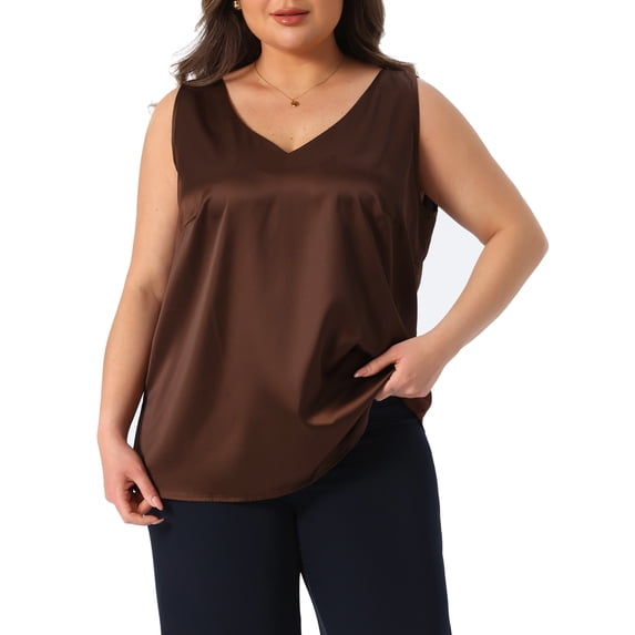 Agnes Orinda Women's Plus Size Halloween Outfits Silk Satin Tank Tops V Neck Casual Cami Sleeveless Blouses Summer Basic Camisole 4X Dark Brown
