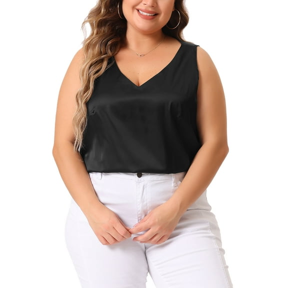 Agnes Orinda Plus Size Silk Satin Tank Tops for Women V Neck Casual Cami Sleeveless Blouses Summer Basic Camisole 1X Black