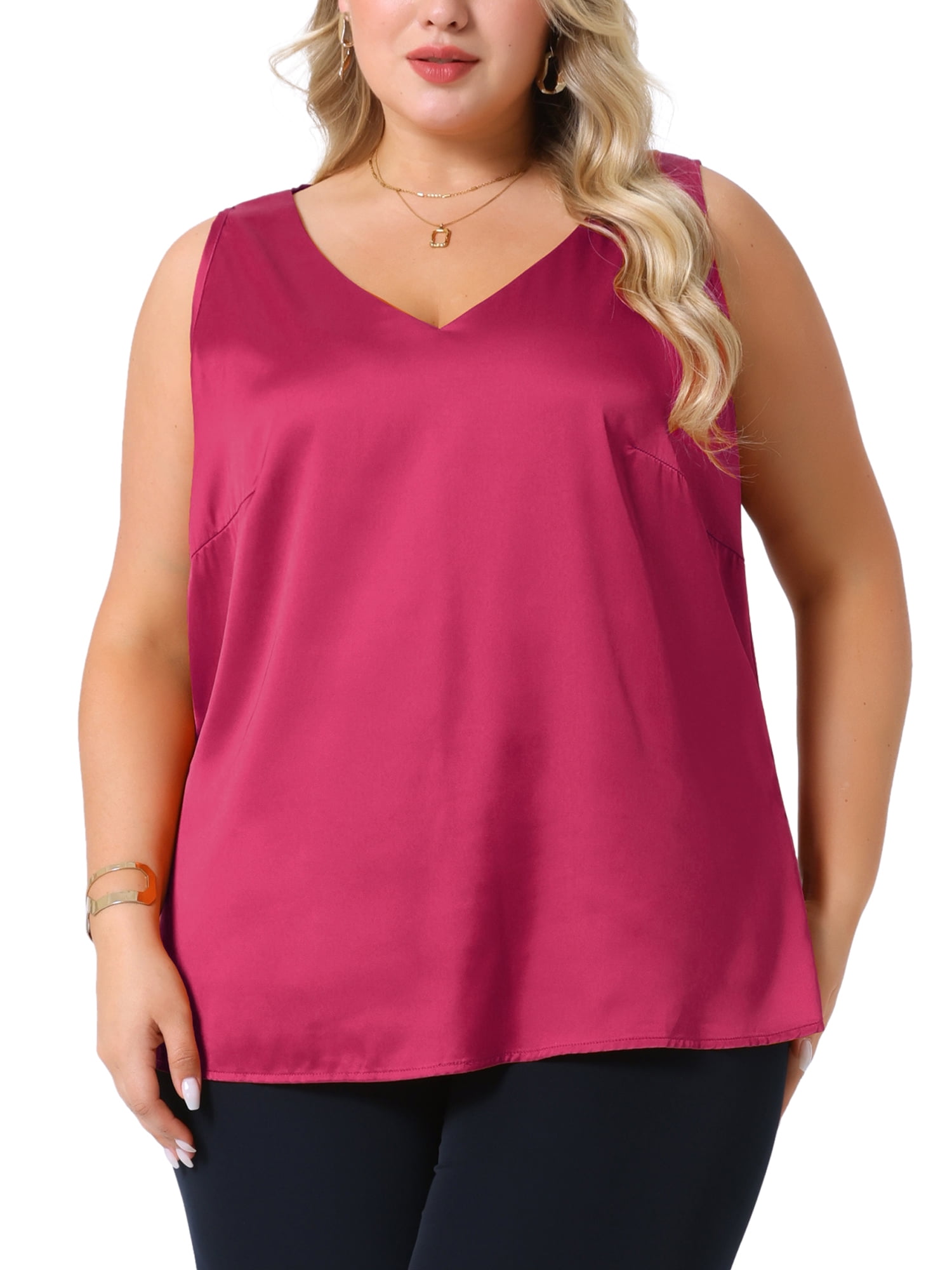 Agnes Orinda Women's Plus Size Silk Satin Tank Tops V Neck Casual