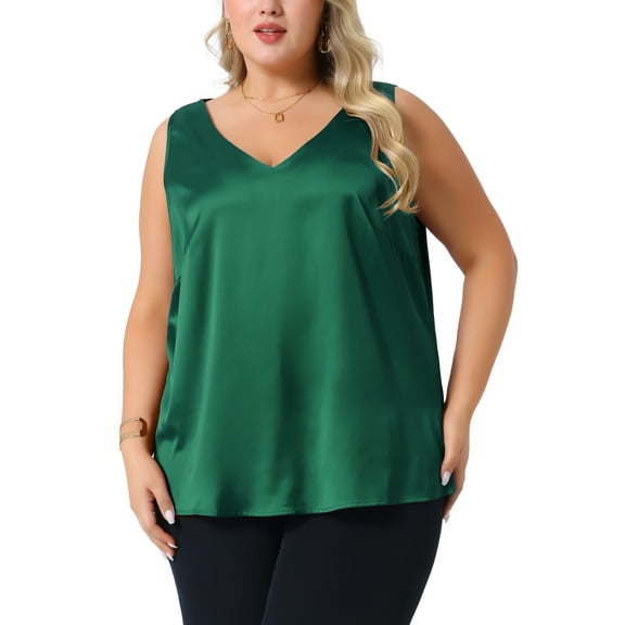 Agnes Orinda Plus Size Silk Satin Tank Tops for Women V Neck Casual Cami Sleeveless Blouses Summer Basic Camisole 2X Dark Green