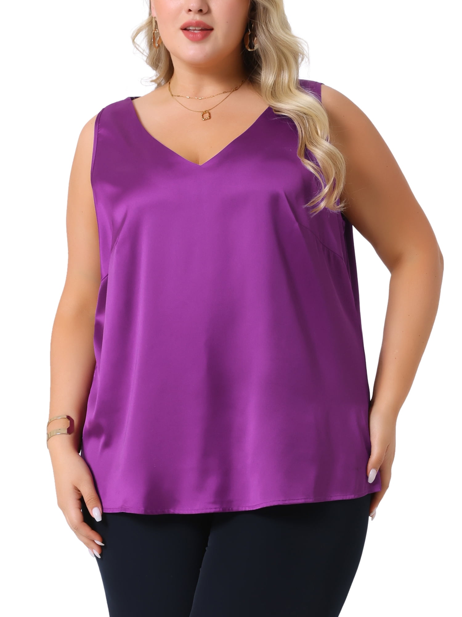 Agnes Orinda Women's Plus Size Silk Satin Tank Tops V Neck Casual