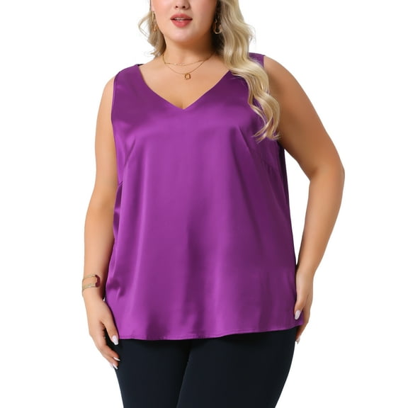 Agnes Orinda Plus Size Silk Satin Tank Tops for Women V Neck Casual Cami Sleeveless Blouses Summer Basic Camisole 3X Purple
