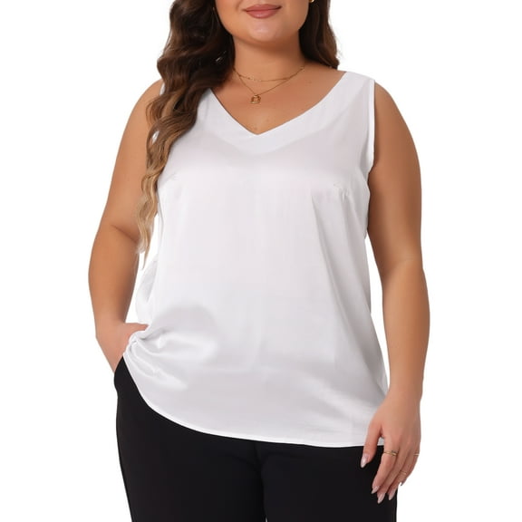 Agnes Orinda Plus Size Silk Satin Tank Tops for Women V Neck Casual Cami Sleeveless Blouses Summer Basic Camisole 3X White