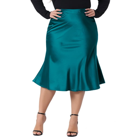 Agnes Orinda Women's Plus Size Silky Satin Skirt High Waist Flared A Line Midi Skirt 2X Peacock Blue