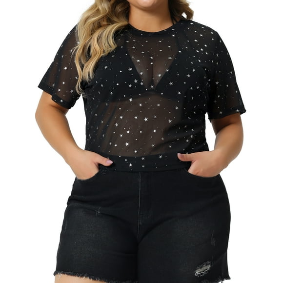 Agnes Orinda Women's Plus Size Silver Star Club Mesh Sheer Trendy Crop Blouses 1X Black