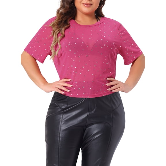 Agnes Orinda Women's Plus Size Silver Star Club Mesh Sheer Trendy Crop Blouses 1X Hot Pink