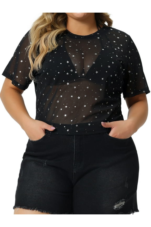 Women's Plus Size Silver Star Club Mesh Sheer Trendy Crop Blouses 2X Black