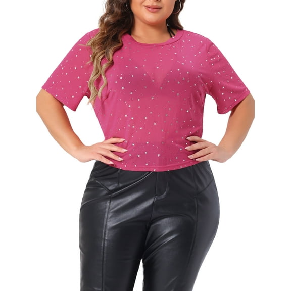Agnes Orinda Women's Plus Size Silver Star Club Mesh Sheer Trendy Crop Blouses 4X Hot Pink