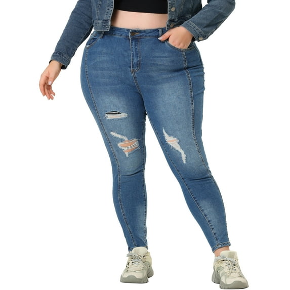 Agnes Orinda Women's Plus Size Skinny Jeans Mid Rise Stretch Washed Casual Denim Jean Leggings 4X Blue-Ripped