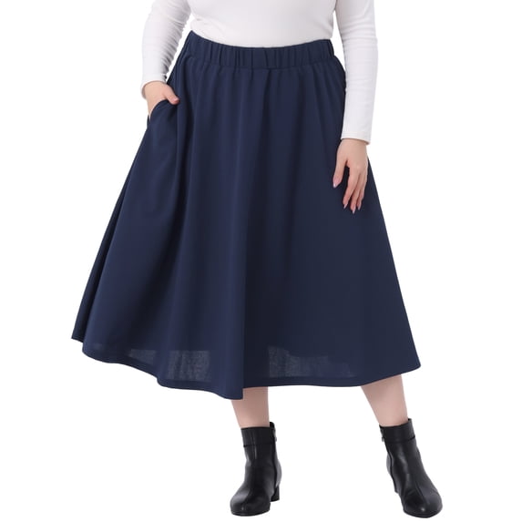 Agnes Orinda Women's Plus Size Skirt Flowy Elastic High Waisted Causal A Line Midi Skirts with Pockets 4X Navy Blue