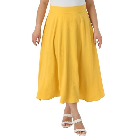Agnes Orinda Women's Plus Size Skirt Tie Knot High Waist Flowy Swing A-Line Midi Skirts with Pockets 3X Yellow
