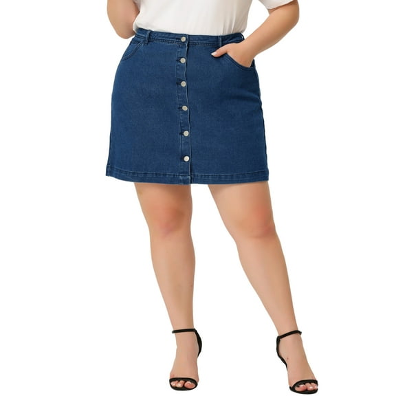 Agnes Orinda Women's Plus Size Skirts Button A Line Mini Denim Skirt with Pocket 1X Navy Blue
