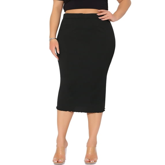 Agnes Orinda Women's Plus Size Pencil Skirts Stretch High Waist Textured Business Casual Below Knee Bodycon Skirt 1X Black
