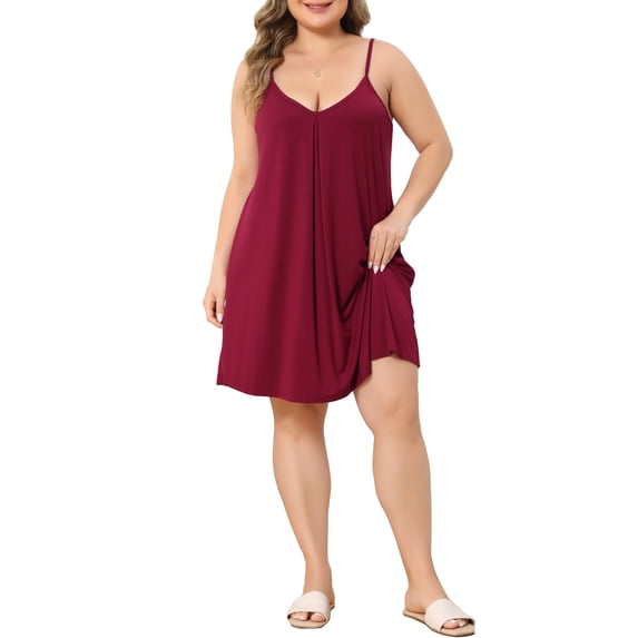 Agnes Orinda Women's Plus Size Sleep Dress Sleeveless Swing V Neck Front Pleated Spaghetti Strap Adjustable Soft Lounge Casual Cami Nightgown 1X Burgundy