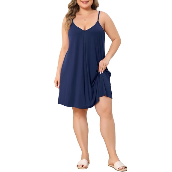 Agnes Orinda Women's Plus Size Sleep Dress Sleeveless Swing V Neck Front Pleated Spaghetti Strap Adjustable Soft Lounge Casual Cami Nightgown 1X Dark Blue