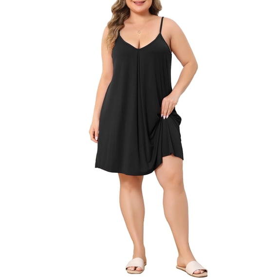 Agnes Orinda Women's Plus Size Sleep Dress Sleeveless Swing V Neck Front Pleated Spaghetti Strap Adjustable Soft Lounge Casual Cami Nightgown 3X Black
