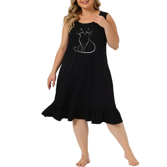 Agnes Orinda Women's Plus Size Nightgowns Sleeveless Nightdress Soft Comfy Cats Print Sleepwear Pajamas 1X Black
