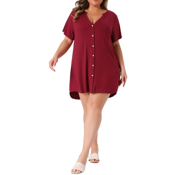 Agnes Orinda Women's Plus Size Sleepshirt Short Sleeve Soft Pajamas Dress V Neck Button Down Nightgown 2X Burgundy