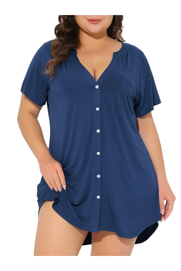 Women's Plus Size Sleepshirt Short Sleeve Soft Pajamas Dress V Neck Button Down Nightgown 4X Navy Blue