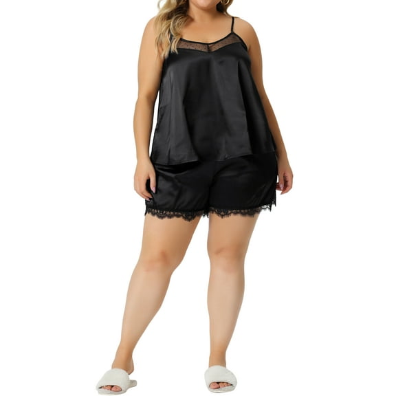 Agnes Orinda Women's Plus Size Sleepwear V-Neck Lace Trim Cami Tops Shorts Satin Elastic Nightwear Pajamas Sets