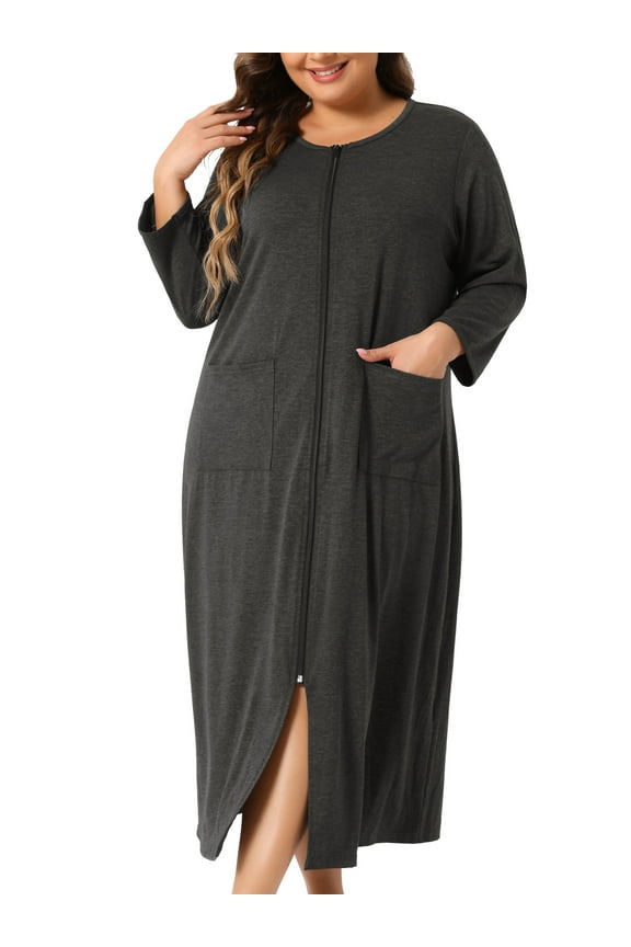 Women's Plus Size Sleepwear Zipper Front 3/4 Sleeve Robe Bathrobes Maxi House Nightgown with Pockets 1X Black