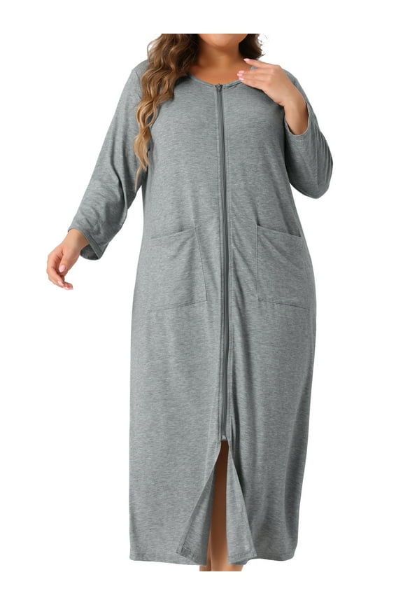 Women's Plus Size Sleepwear Zipper Front 3/4 Sleeve Robe Bathrobes Maxi House Nightgown with Pockets 1X Gray