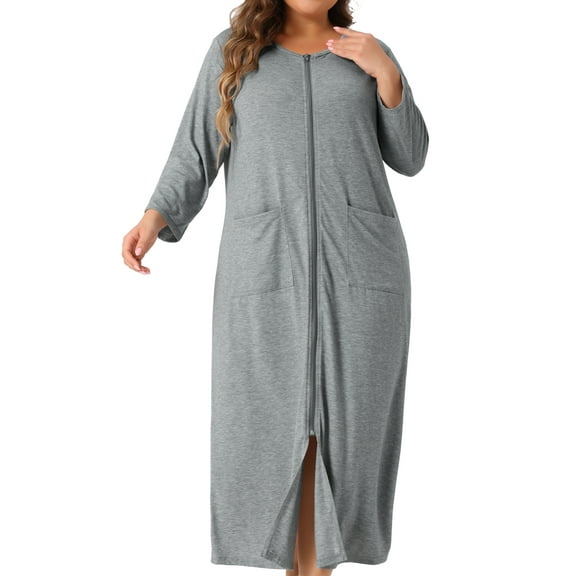 Agnes Orinda Women's Plus Size Sleepwear Zipper Front 3/4 Sleeve Robe Bathrobes Maxi House Nightgown with Pockets 2X Gray