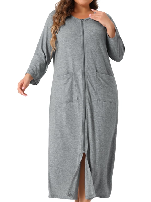 Women's Plus Size Zip Front Robe Long 3/4 Sleeve Loungewear with Pockets 4X Gray