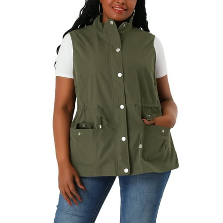 Agnes Orinda Women's Plus Size Sleeveless Anorak Cargo Coats Zip Button Drawstring Waist Vest Jackets 1X ArmyGreen
