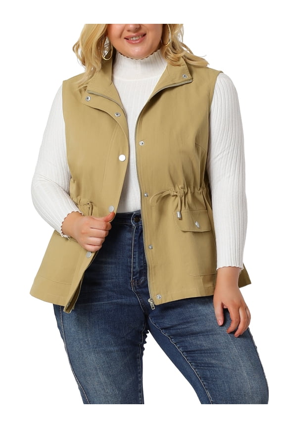 Women's Plus Size Sleeveless Anorak Cargo Coats Zip Button Drawstring Waist Vest Jackets 1X Khaki