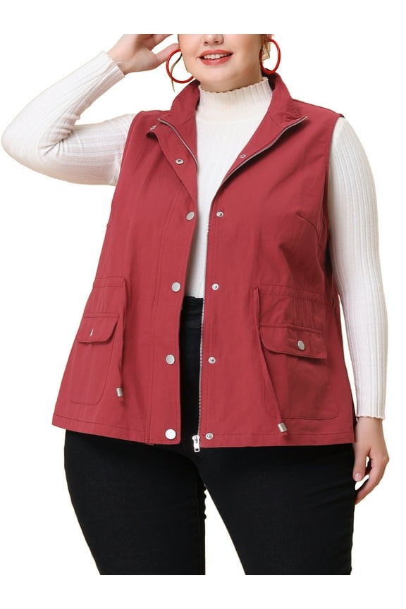 Women's Plus Size St. Patrick's Day Sleeveless Anorak Cargo Coats Zip Button Drawstring Waist Vest Jackets 2X Burgundy