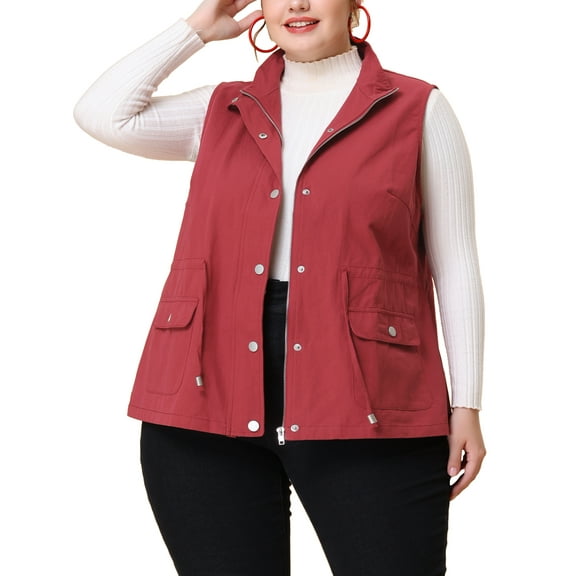 Agnes Orinda Women's Plus Size Sleeveless Anorak Cargo Coats Zip Button Drawstring Waist Vest Jackets 3X Burgundy