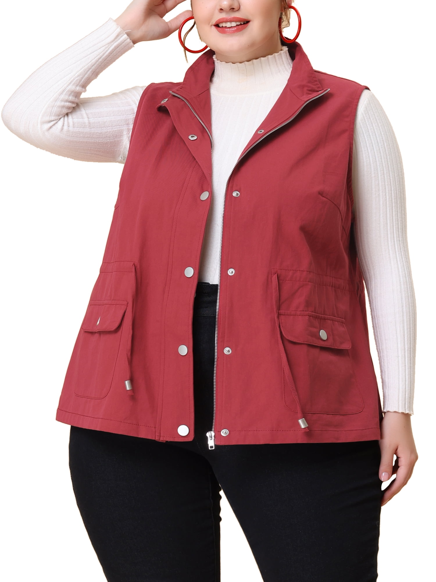 Plus Size Women's Casual Fashionable V-Neck Multi Pocket Waist Elastic Waistband Style Vest Coat