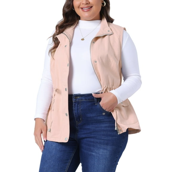 Agnes Orinda Women's Plus Size Sleeveless Anorak Cargo Coats Zip Button Drawstring Waist Vest Jackets 4X Pink