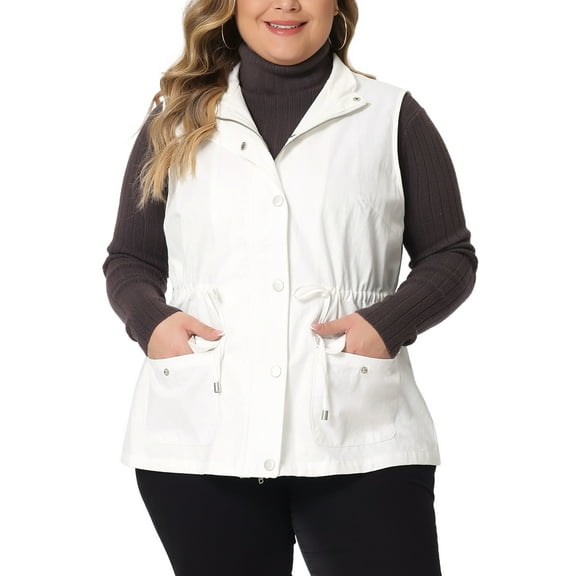 Agnes Orinda Women's Plus Size Sleeveless Anorak Cargo Coats Zip Button Drawstring Waist Vest Jackets 4X White