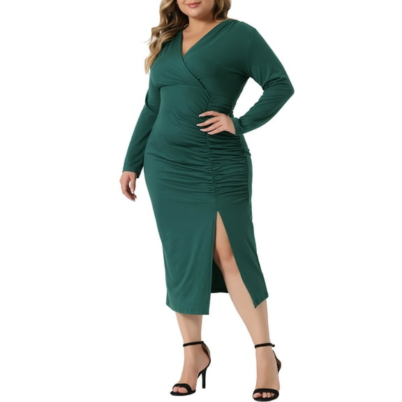 Agnes Orinda Women's Plus Size Slim Fit V Neck Long Sleeve Cocktail Bodycon Dress