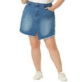 thumbnail image 1 of Agnes Orinda Women's Plus Size Slit Fashion Mini Denim Skirt with Pockets 1X Blue, 1 of 6