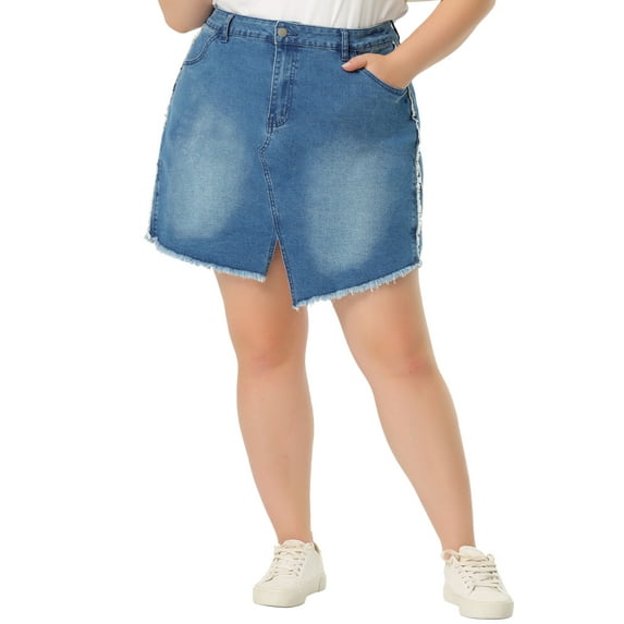 Agnes Orinda Women's Plus Size Slit Fashion Mini Denim Skirt with Pockets 1X Blue