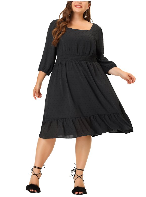 Women's Plus Size Smock Waist Swiss Dots 3/4 Sleeves Midi Dress 1X Black