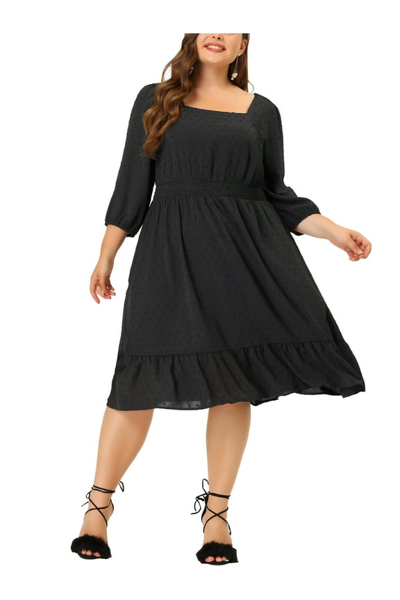 Women's Plus Size Smock Waist Swiss Dots 3/4 Sleeves Midi Dress 1X Black