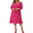 thumbnail image 1 of Agnes Orinda Women's Plus Size Smock Waist Swiss Dots 3/4 Sleeves Midi Dress 1X Hot Pink, 1 of 6