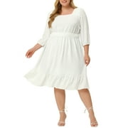 AGNES ORINDA Women's Plus Size Smock Waist Swiss Dots 3/4 Sleeves Midi Dress 1X White
