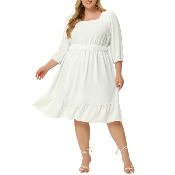 Agnes Orinda Women's Plus Size Smock Waist Swiss Dots 3/4 Sleeves Midi Dress 1X White