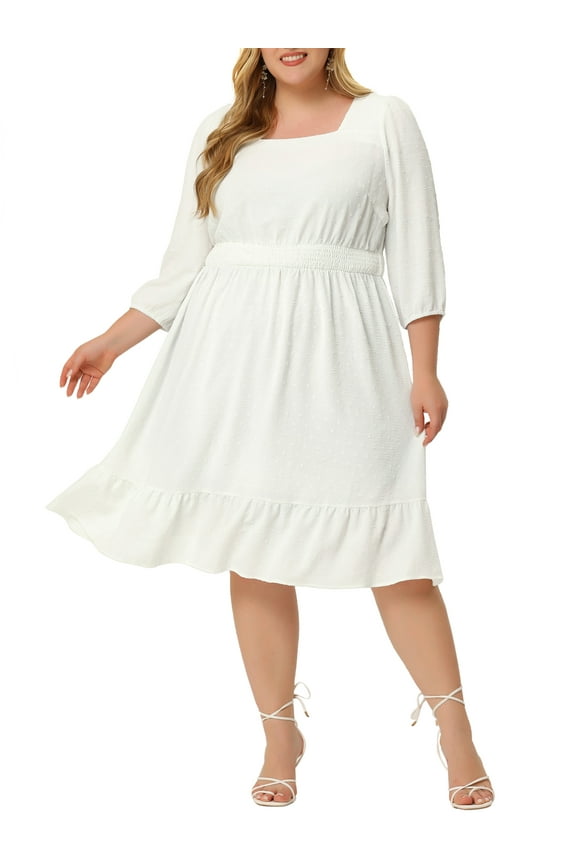 Women's Plus Size St. Patrick's Day Smock Waist Swiss Dots 3/4 Sleeves Midi Dress 1X White