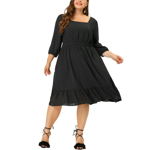 Agnes Orinda Women's Plus Size Smock Waist Swiss Dots 3/4 Sleeves Midi Dress 2X Black